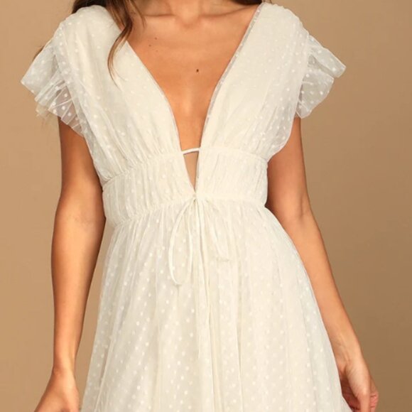 Lulus Yours Evermore Cream Swiss Dot Ruffled Midi Dress Size Medium - Picture 4 of 4